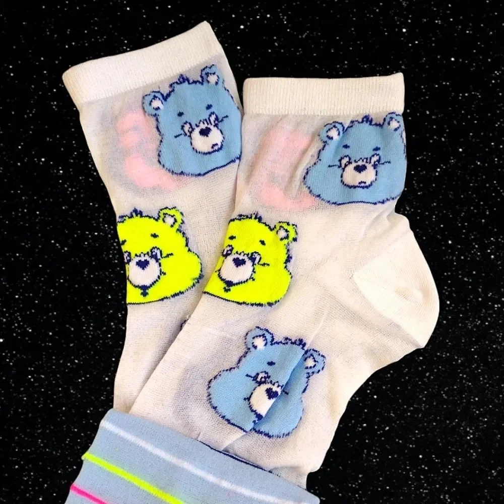 Care Bears‎ White Colorful Neon Print 2 Pairs Nylon Capri Socks NWT Nostalgia